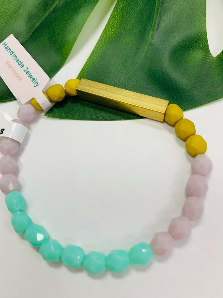 Brass & Bead Stretch Bracelet (Lilac/Green)